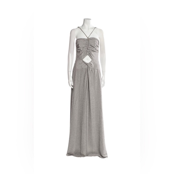 PatBO Lurex Cutout Silver Halter Ruched dress SZ 10 (U.S) NWT - Picture 1 of 9